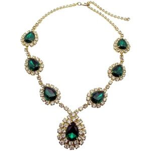 Elegant Emerald Green and Crystal Rhinestone Necklace Gold Toned
